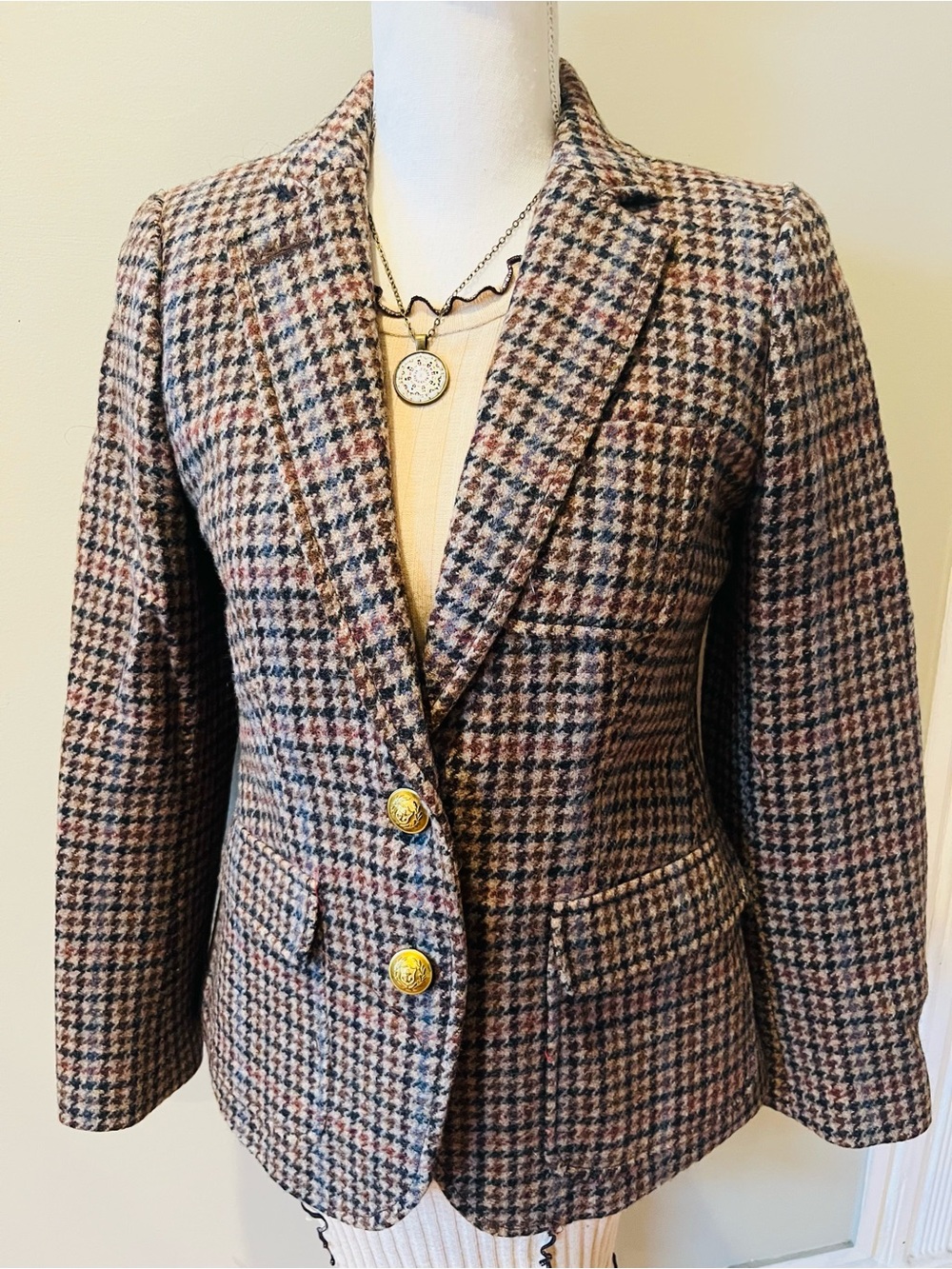 J. Crew Brown Multi Houndstooth Wool-Blend Blazer